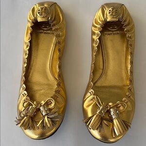 Tory Burch Gold Ballet Flats with Bow Detail